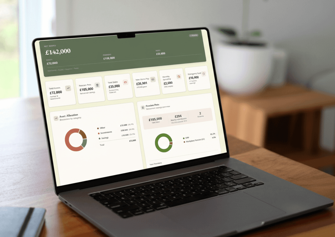 Digital interface showing financial charts, pie graphs, and net worth numbers on a dark background